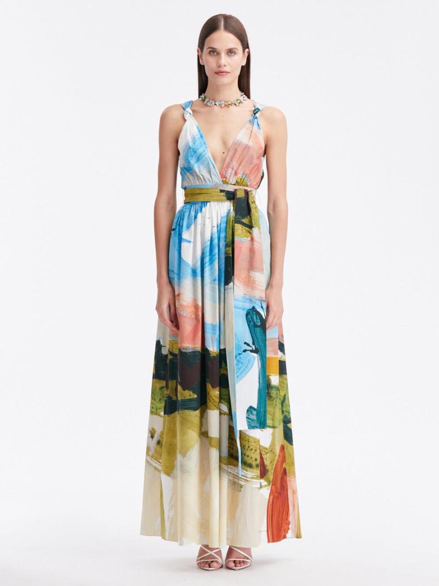 Oscar De La Renta Abstract Landscape Cotton Poplin Maxi Dress Dresses Women - 1