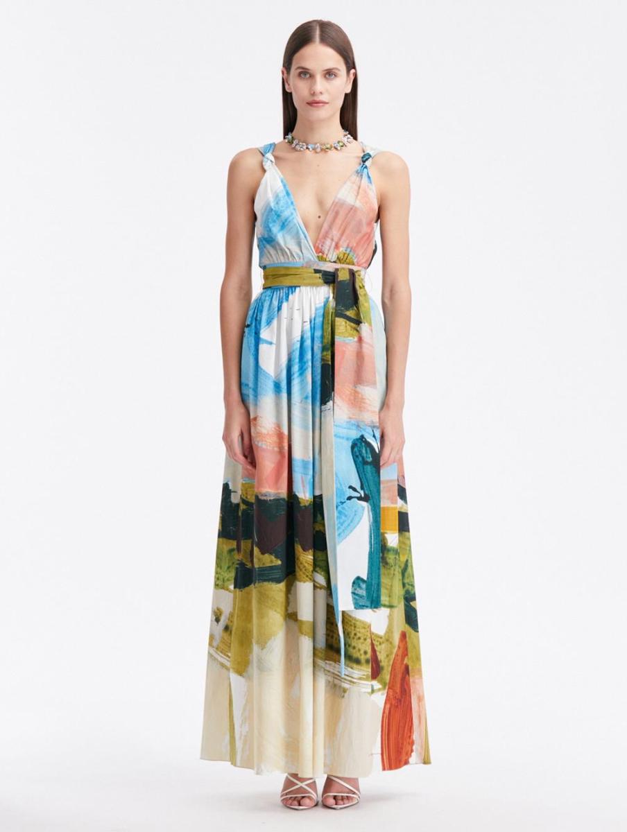 Oscar De La Renta Abstract Landscape Cotton Poplin Maxi Dress Dresses Women
