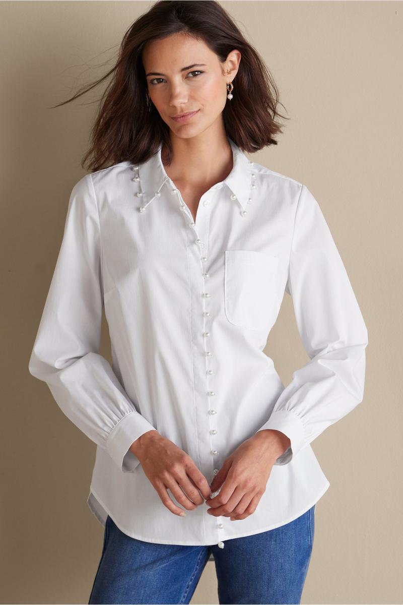 White Tops Soft Surroundings Women Efficient Rania Pearl Shirt - 4