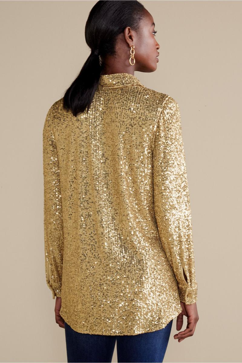 Sancerre Sequin Shirt Women Tops Soft Surroundings Discount Extravaganza Gold Sequin - 2