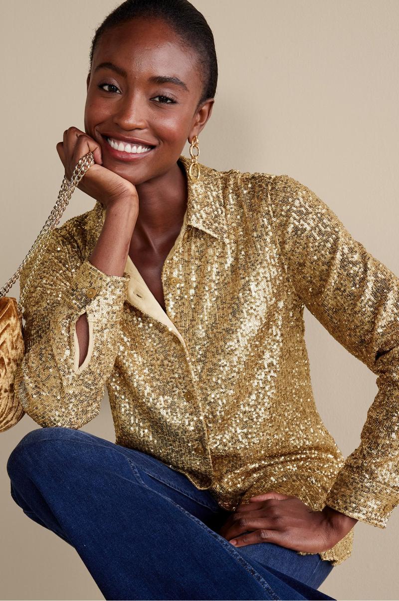 Sancerre Sequin Shirt Women Tops Soft Surroundings Discount Extravaganza Gold Sequin