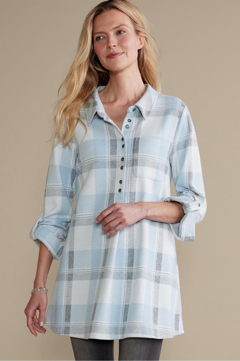 Soft Surroundings Fashionable Red Plaid Women Tops Mad About Plaid Tunic