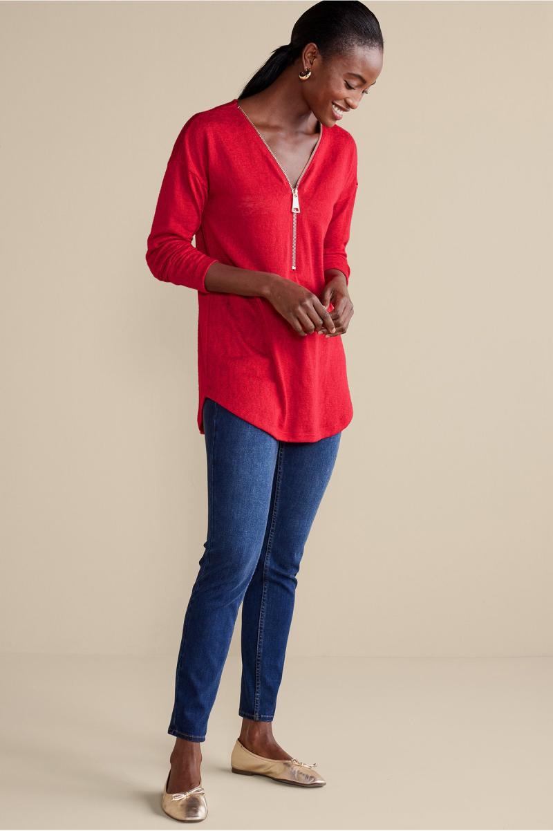 Versatile Soft Surroundings Women Tops Valentina Zip Sweater Sangria Red - 1