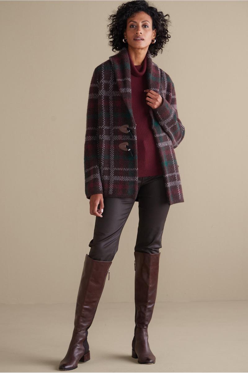 Tops Aspen Plaid Sweater Coat Soft Surroundings Brown Plaid Women Discount - 1