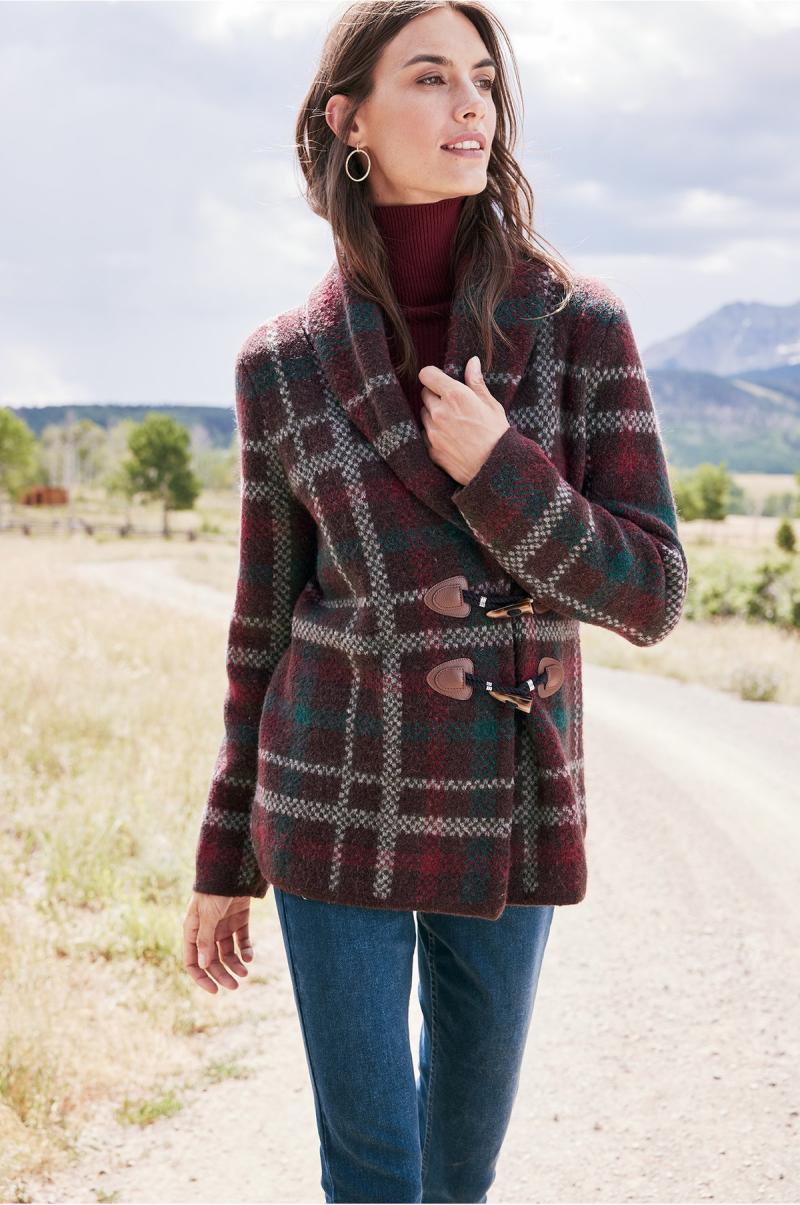 Tops Aspen Plaid Sweater Coat Soft Surroundings Brown Plaid Women Discount - 3