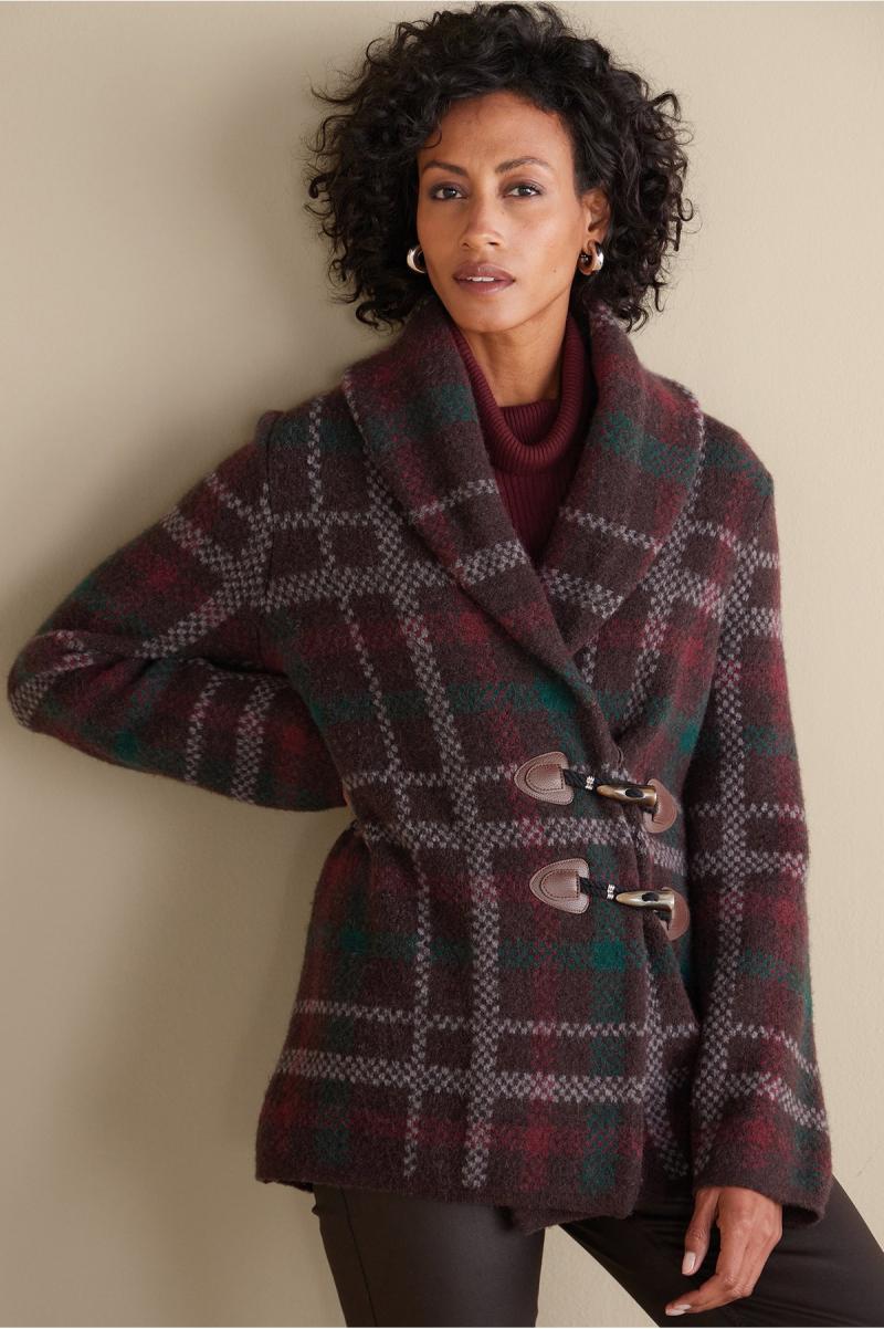 Tops Aspen Plaid Sweater Coat Soft Surroundings Brown Plaid Women Discount - 4