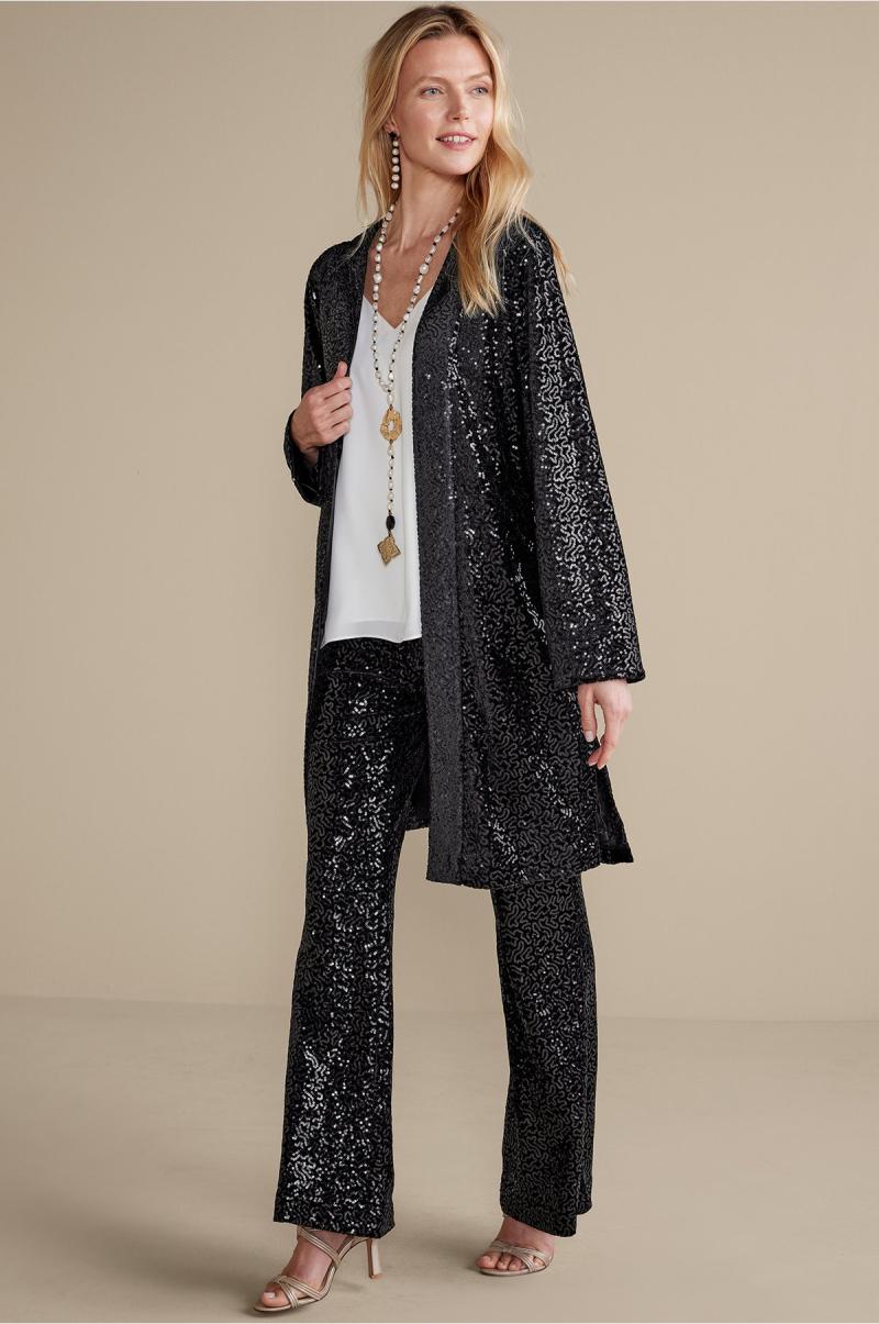 Soft Surroundings Women Valetta Sequin Topper Jackets & Coats Eclectic Black Sequins