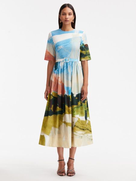 Oscar De La Renta Abstract Landscape Cotton Poplin Dress Women Dresses