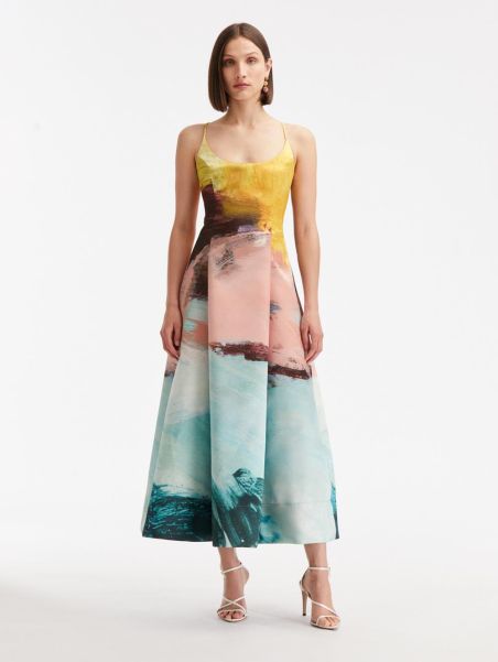 Women Abstract Landscape Satin Dress Dresses Oscar De La Renta