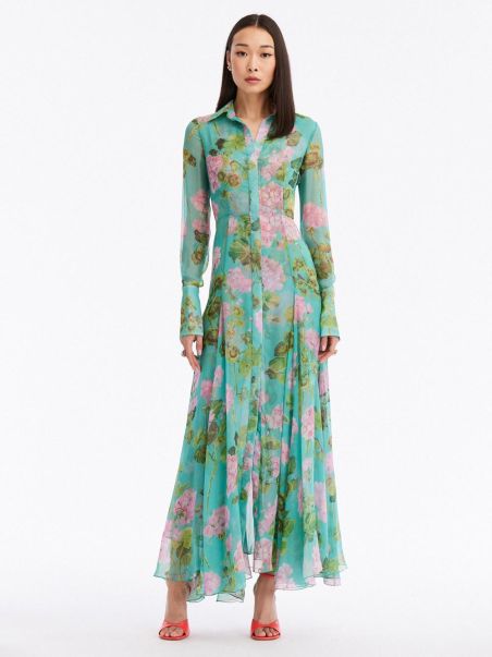 Oscar De La Renta Dresses Women Geranium Silk Chiffon Maxi Dress