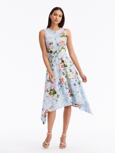 Dresses Asymmetrical Sketched Floral Cotton Poplin Dress Oscar De La Renta Women