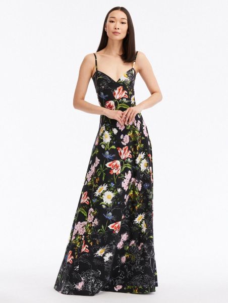 Dresses Women Sketched Floral Cotton Poplin Maxi Dress Oscar De La Renta
