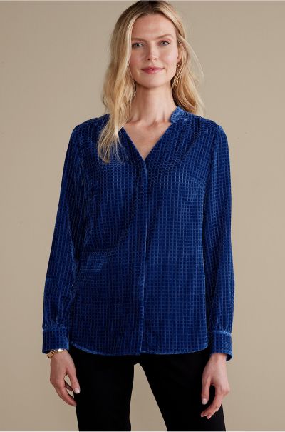 Women Time-Limited Discount Soft Surroundings Sapphire Zia Velvet Shirt Tops