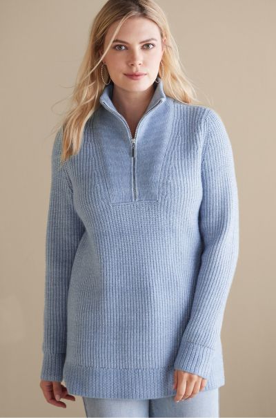 Faded Denim Women Soft Surroundings Tops Hallie Half Zip Sweater Retro
