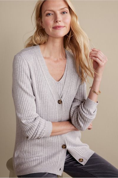 Unleash Women Light Grey Heather Soft Surroundings Soft Essential Ribbed Button-Front Cardi Tops