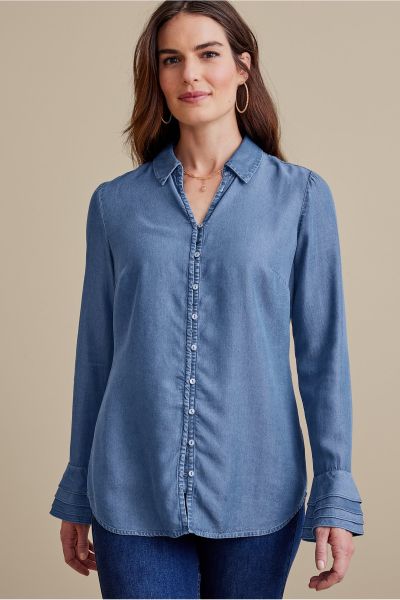 Women Soft Surroundings Tops Sonnet Tencel Shirt Chambray Professional