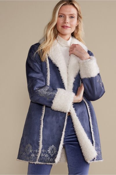 Nightshadow Blue Women Soft Surroundings Ergonomic Lucerne Shearling Coat Jackets & Coats