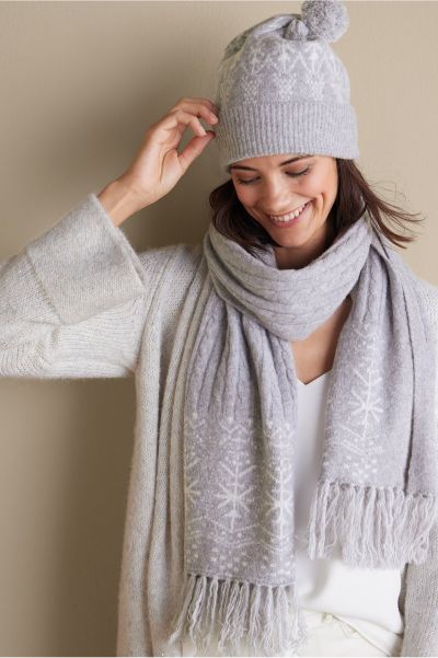 Soft Surroundings Heather Grey/White Spacious Falala Jacquard Hat & Scarf Set Women Scarves & Wraps