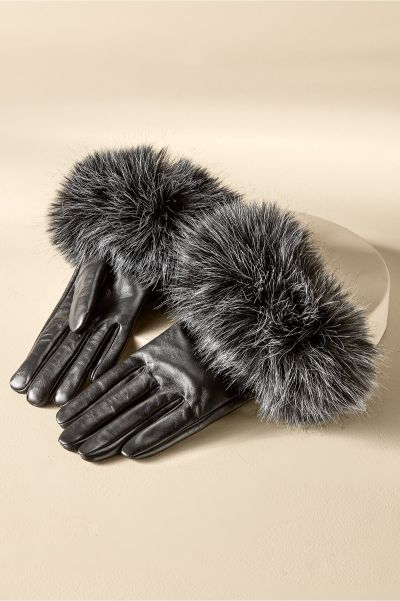 Hats Women Sale Black/Snow Sasha Faux Fur Leather Gloves Soft Surroundings